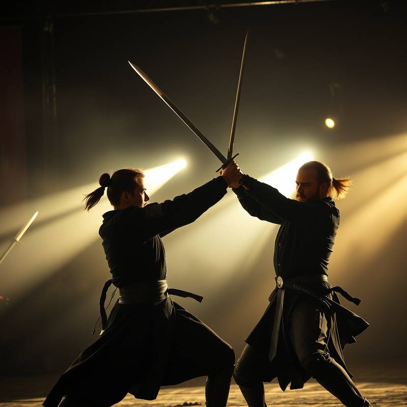 Actors practicing sword fighting choreography