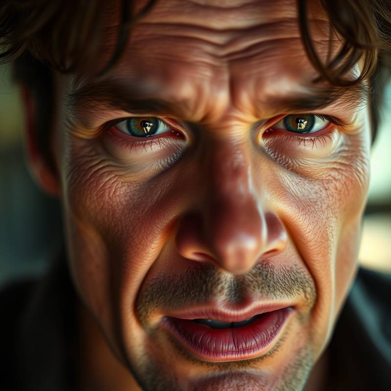 Close-up of an actor practicing facial expressions