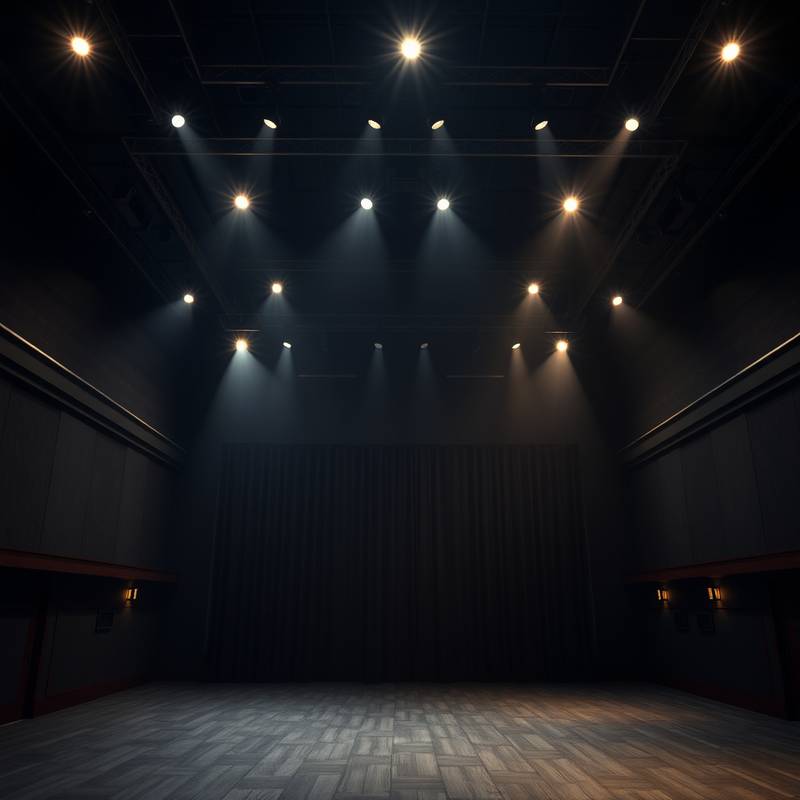 Interior of a black box theatre with stage lighting