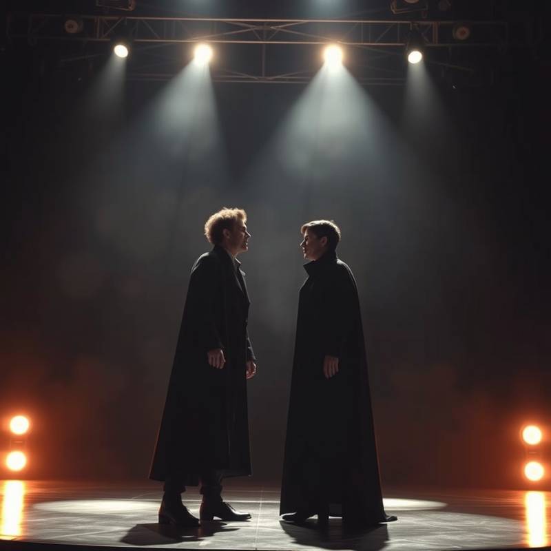 Two actors performing a dramatic scene on stage